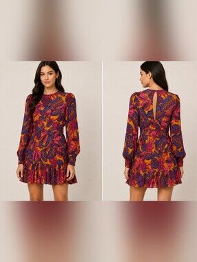 NWT Farm Rio Fruit Dream Yellow  Botanical Ruffle Long-Sleeve Mini Dress